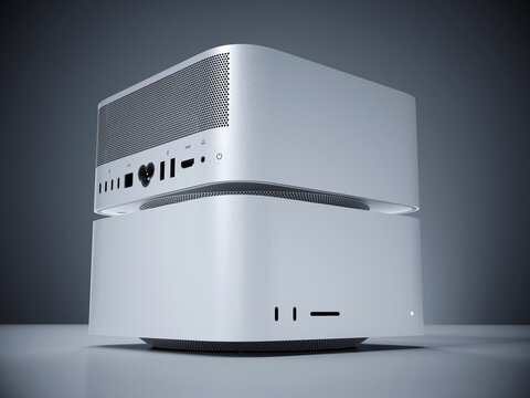 Realisitc 3D Rendering of a new Apple Mac Studio  M1 Max and Ultra Silver, small factory PC technology.
