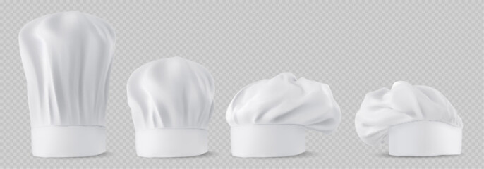 Chef hats, cook caps and baker toques realistic mockup. White restaurant uniform headwear, professional small, medium and tall french style clothing of kitchen staff, 3d vector illustration - obrazy, fototapety, plakaty
