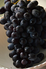 A bunch of ripe sweet black grapes in a white plate. The harvest is ripe. Close-up. macro photography.