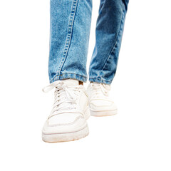man or woman in white sneakers and in jeans isolated on white background, men's shoes, women's...