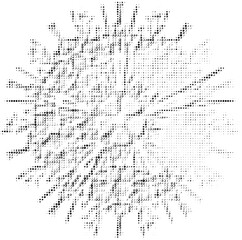 Volumetric dotted halftone vector snowflake. Pointed crystal with floral motifs. Contour of polka dots, dots, spots, blots. The effect of snow, airiness, bulge. Imitation of duplicate bottom layer. 