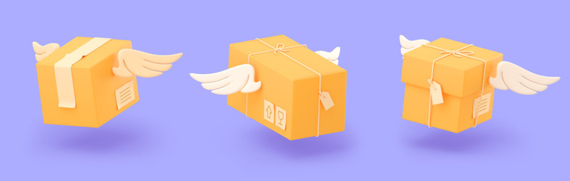 3d render delivery box with wings in flight. Brown winged cardboard parcels fly. Online shipping service icons, global logistic, quick and fast cargo shipment Illustration in cartoon plastic style