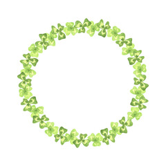 Round wreath of clover. Shamrock, trefoil. St.Patrick 's Day. Watercolor illustration. Isolated on a white background.For your design goods for a garden, stickers, postcards, organic products