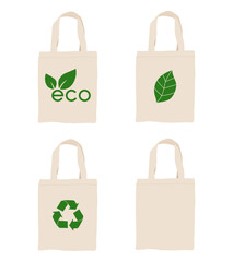 Set of fabric reusable beige eco-bags with different symbols on a white or transparent background. Zero waste, no plastic. Environmental protection, care for the planet Earth