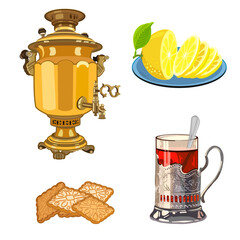 Russian tea. Attributes of a traditional Russian feast. Vector 