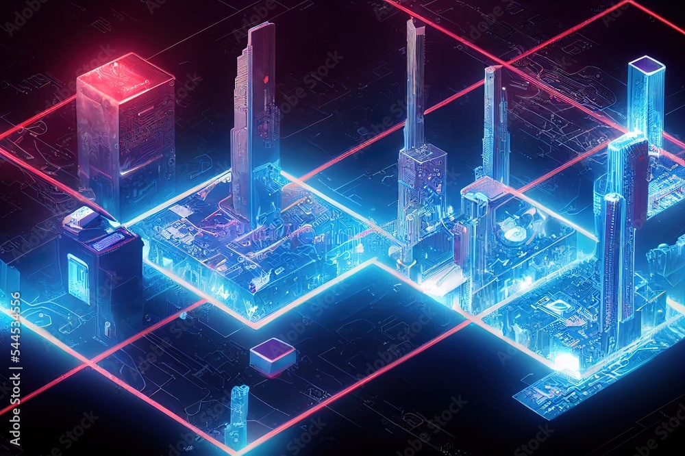 Poster Cyberpunk. Quantum computer. Motherboard, processor, CPU, Global network technology Blockchain. Digital world of future. 3D illustration background