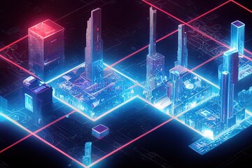 Cyberpunk. Quantum computer. Motherboard, processor, CPU, Global network technology Blockchain. Digital world of future. 3D illustration background