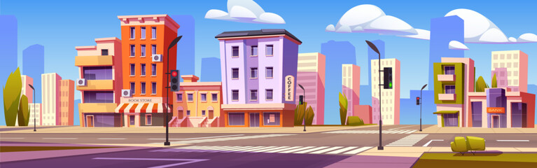 Car road intersection with traffic lights and pedestrian crosswalk. City street landscape with crossroad, sidewalk, houses, store, cafe and band building, vector cartoon illustration © klyaksun