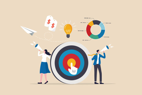 Marketing, advertising and customer communication, digital marketing or pr via social media to drive sales or brand awareness concept, businessman and woman announce marketing promotion with elements.