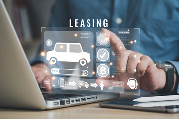 Businessman using a computer to document Leasing business concept with icons about contract agreement between lessee. professional businessman.