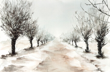 Frozen winter road with willow trees. Watercolor on paper. © Pawel Burgiel