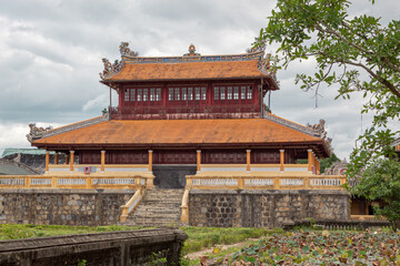 Colorful red and gold building traditional architecture of the Hue Historic Citadel complex in Hue Vietnam