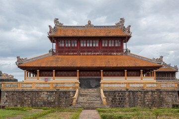 Colorful red and gold building traditional architecture of the Hue Historic Citadel complex in Hue Vietnam