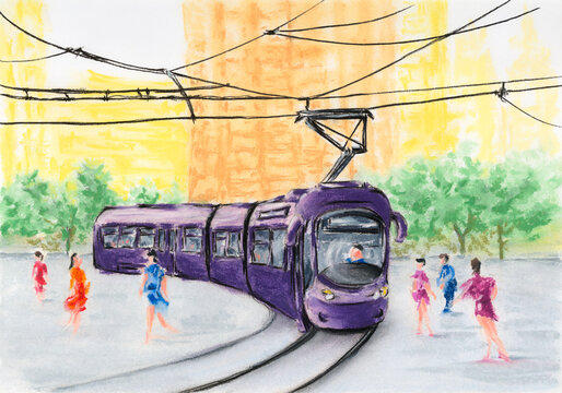 City Street With Violet Tram. Charcoal And Soft Pastel On Paper.