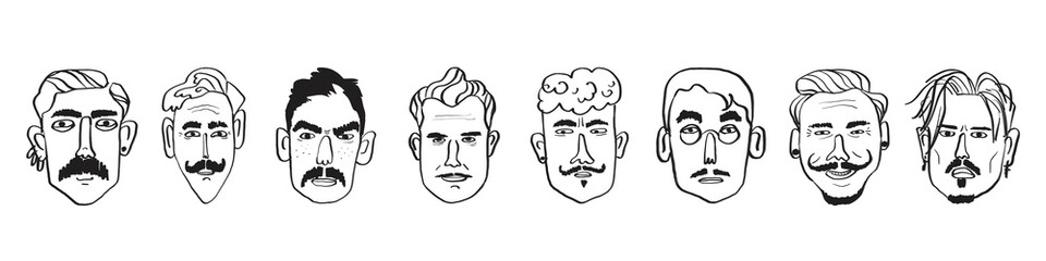 A set of male faces with moustaches. Linear flat drawing. Avatar, icon of a face with a mustache.