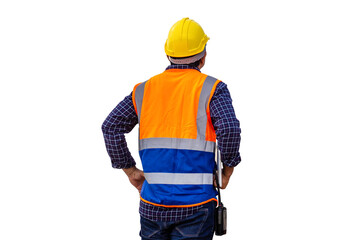 Rear view of Engineer under inspection and checking project at the building site, Foreman worker in...