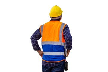 Rear view of Engineer under inspection and checking project at the building site, Foreman worker in hardhat at the infrastructure construction site