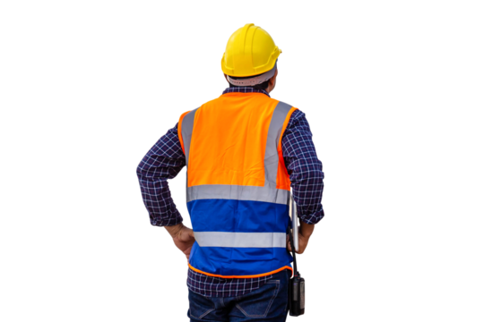Rear view of Engineer under inspection and checking project at the building site, Foreman worker in hardhat at the infrastructure construction site