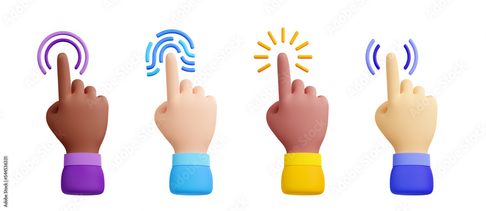 Poster computer cursor with hand and click icon. diverse man arms with fingers press button, pointing or to