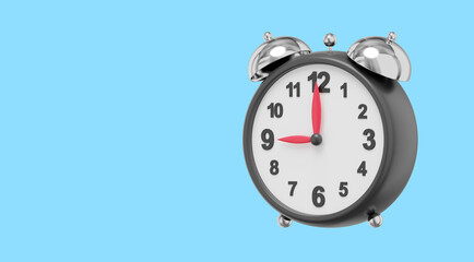 Realistic vintage alarm clock, side view. 3D rendering. Icon on blue background, space for text.