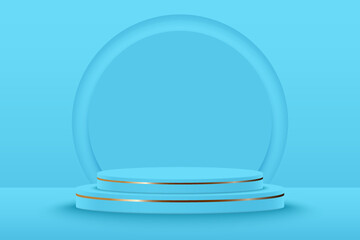 3d product display podium platform.3d realistic blue cylinder pedestal podium.The stage for the showcase. Minimalism wall scene for mockup product display.3d podium vector illustration.3d background.