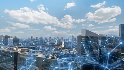 Social media Connection technology concept future network city background and futuristic interface graphic