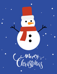 Snow man with snowflakes on blue background, Merry Christmas text Happy, X'mas new year greeting gift template.
Design illustration.