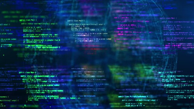 Developer working on program code. Hack or protection data. Website scripts digits and commands at computer screen. Modern hi-tech software development and blockchain concept. 3D technology background