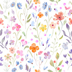 Watercolor seamless pattern with abstract bright flowers, leaves, branches. Hand drawn floral illustration isolated on light  background. For packaging, wrapping design or print