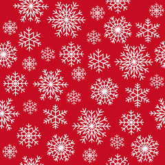 Seamless pattern of snowflakes. White snow, winter symbol. Christmas or new year decoration. Hand drawn vector illustration isolated on red background in modern flat cartoon style.
