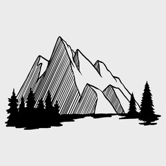 Mountain with pine trees and landscape black on white background
