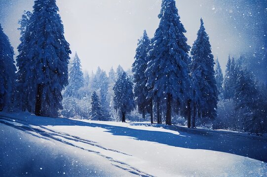 Snowy landscape of nature in winter. Winter snow scene. Snow covered trees in winter time. Snowy winter nature