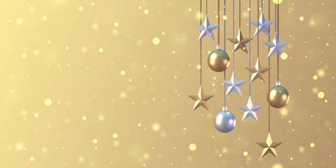 Obraz premium Christmas and newyear decoration background with christmas ball and gold bokeh light background,3D render background