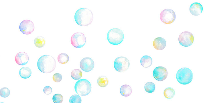 水彩で描いたカラフルなシャボン玉のイラスト素材　背景イラスト Illustration material of colorful soap bubbles drawn by watercolor	