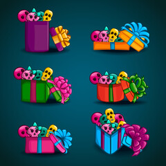 Big set with open gift box with vector different skulls