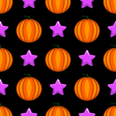 seamless pattern with cartoon vector pumpkin and star