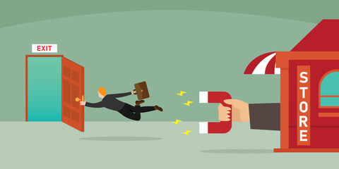 Hand with magnet has appeared from a store 2d vector illustration concept for banner, website, illustration, landing page, flyer, etc