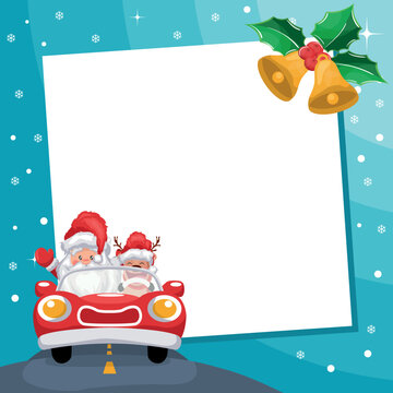 Merry christmas frame for painting with santa claus driving car with reindeer with snow in the background