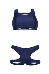 Close-up shot of a blue two-piece swimsuit. The bathing suit consists of a halter top and swim bottoms with side cutout. The swimsuit is isolated on a white background. Front view.