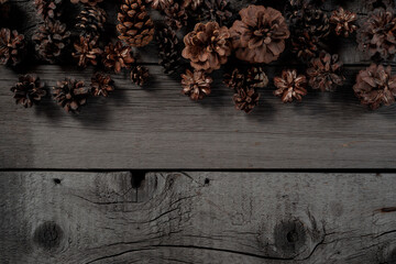 Christmas Pine Cone on Wooden Rustic Background. Christmas Eve and New Year Thematic Mockup Wallpaper for Clipart.