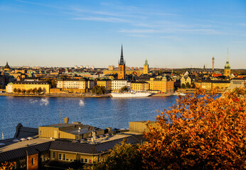 A view on Riddarholmen and Gamla Stan islands in Stockholm on a sunny autumn day in Stockholm..