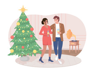 Fototapeta premium Couple celebrating Christmas 2D vector isolated illustration. Happy flat characters on cartoon background. New Year party colourful editable scene for mobile, website, presentation