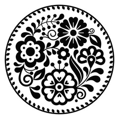 Mexican folk art style vector round floral pattern in frame, nature black and white mandala composition inspired by traditional embroidery designs from Mexico
- 544542990