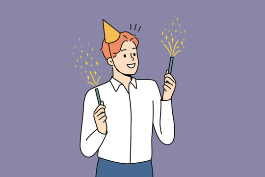 recommend clip art: Smiling young man in birthday hat holding sparklers celebrating. Happy businessman have fun enjoy fireworks at party. Vector illustration. 
