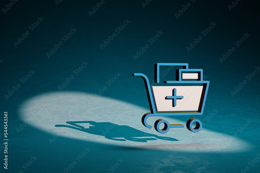 Poster Beautiful abstract illustrations Shopping Cart with Plus symbol icon on a dark blue background. 3d rendering illustration. Background pattern for design. Online Shopping..