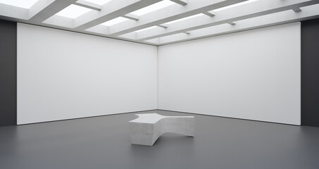 Abstract interior design 3D rendering of modern showroom. Empty floor with concrete wall background.