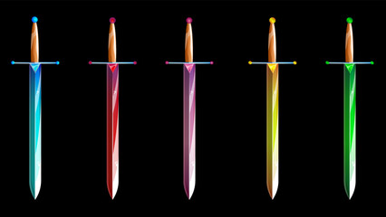 Set of magic swords of crystals isolated on background. rpg fantasy game assets and equipment, Cartoon vector illustration
