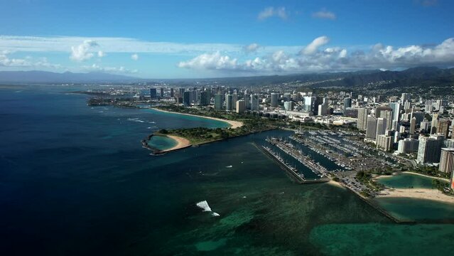 Drone video of Magic Island, Ala Moana, and the Ala Wai Harbor on Honolulu, Hawaii