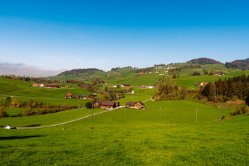 Obraz premium Typical landscape in Appenzellerland with farm houses, meadows and pastures, Canton Appenzell Innerrhoden, Switzerland