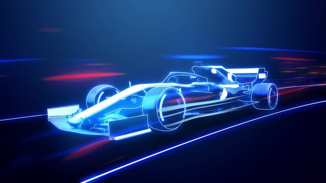 Abstract animation of a futuristic blue formula 1 speed in 4K UHD, cgi made with wireframes on an animated futuristic to highlight the automobile and it's technology and engineering 3D rendering